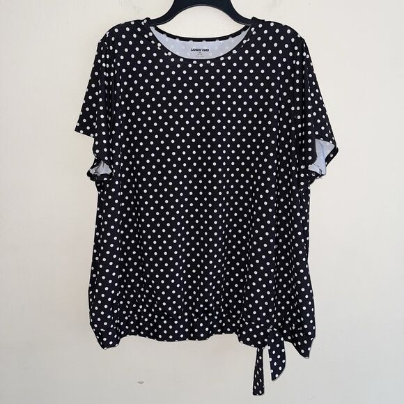 Lands End Polka Dots Knit Top Size 2X Womans White Short Sleeves Tie Knot - Picture 8 of 8